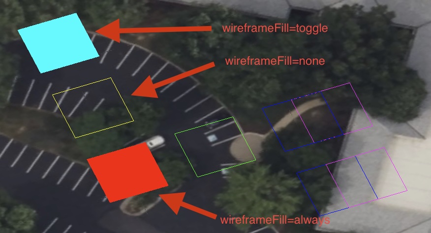 A rendering pointing to three colored quads with varying wireframeFill properties as specified via BENTLEY_materials_planar_fill