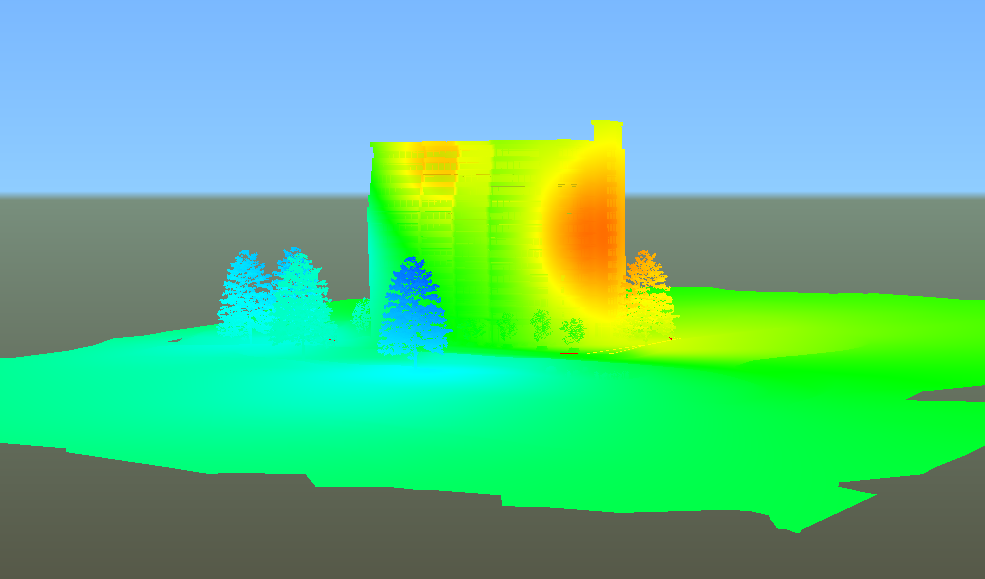 Four thematic sensors applied using inverse distance weighting with a smooth "blue-red" color gradient applied to surfaces with lighting disabled